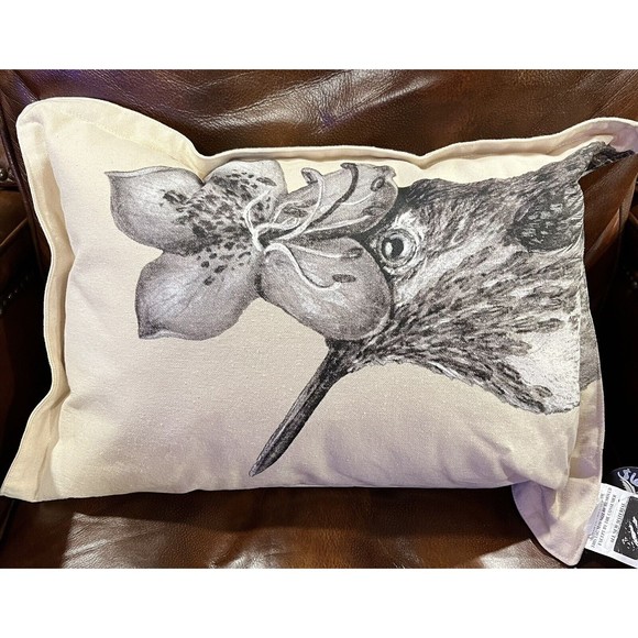 Vicki Sawyer Canvas Pillow Hummingbird Print Off Wht. Black Sketch Drawing Print - Picture 2 of 5